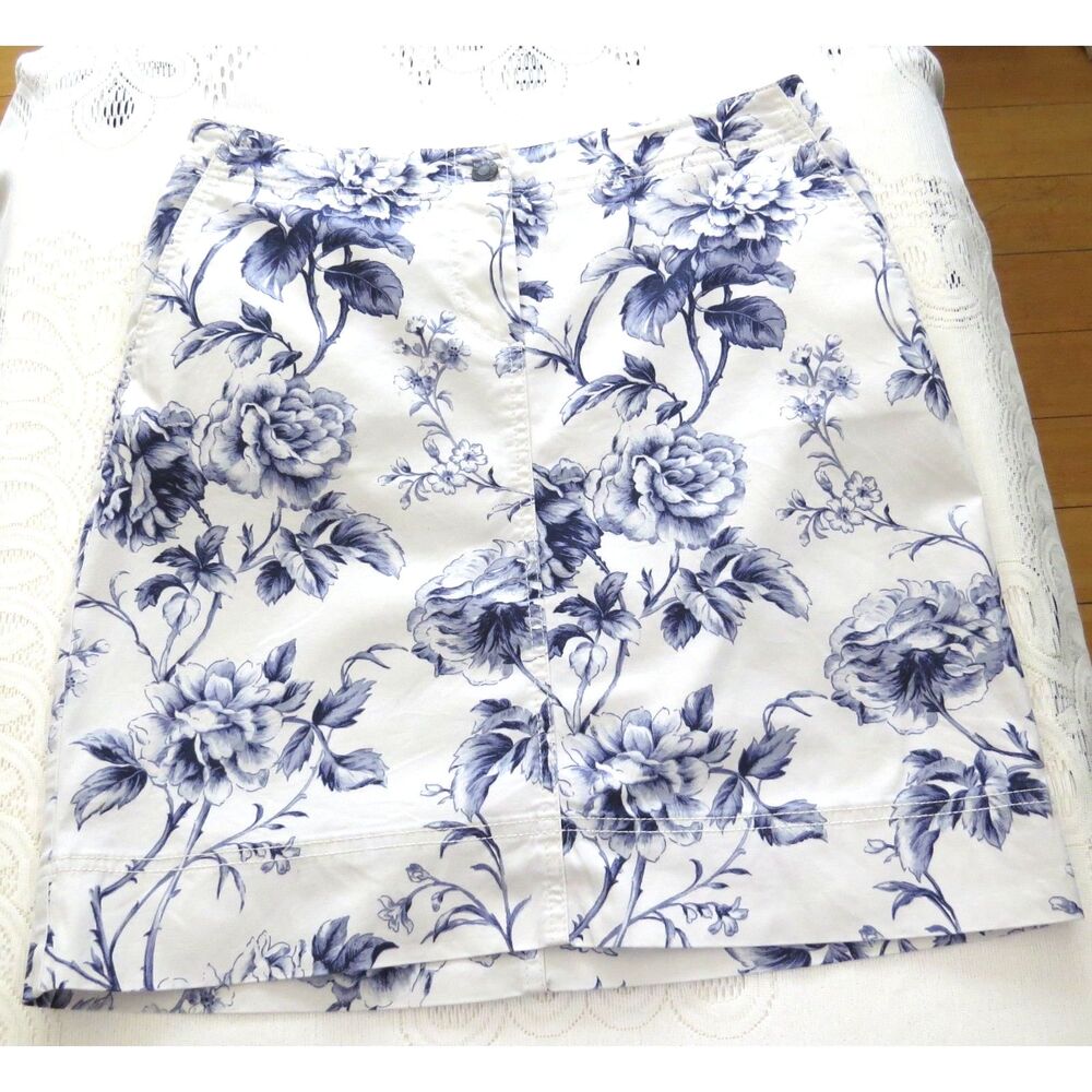 Talbots Damask Print A-Line Skirt Cotton Blend blue/white  6P EUC - Picture 6 of 8